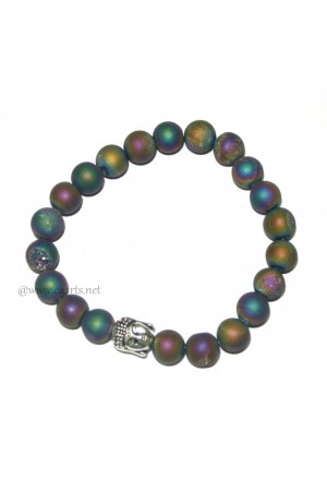 Rainbow Titanium Aura Quartz Round Beads W/ Buddha Head Gemstone Bracelet 