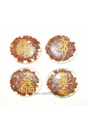 Round Disc Red Jasper Reiki Usai Engraved Symbol Orgone Set