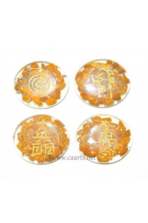 Round Disc Camel Jasper Reiki Usai Engraved Symbol Orgone Set
