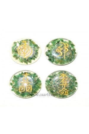 Round Disc Green Aven. Reiki Usai Engraved Symbol Orgone Set