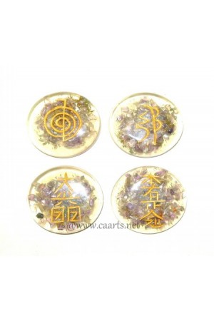 Round Disc Amethyst Reiki Usai Engraved Symbol Orgone Set
